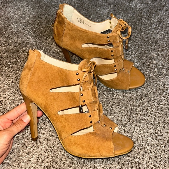 Isola Brown suede Lace-Up open toed Women's stiletto heels with gold accent - Picture 5 of 10